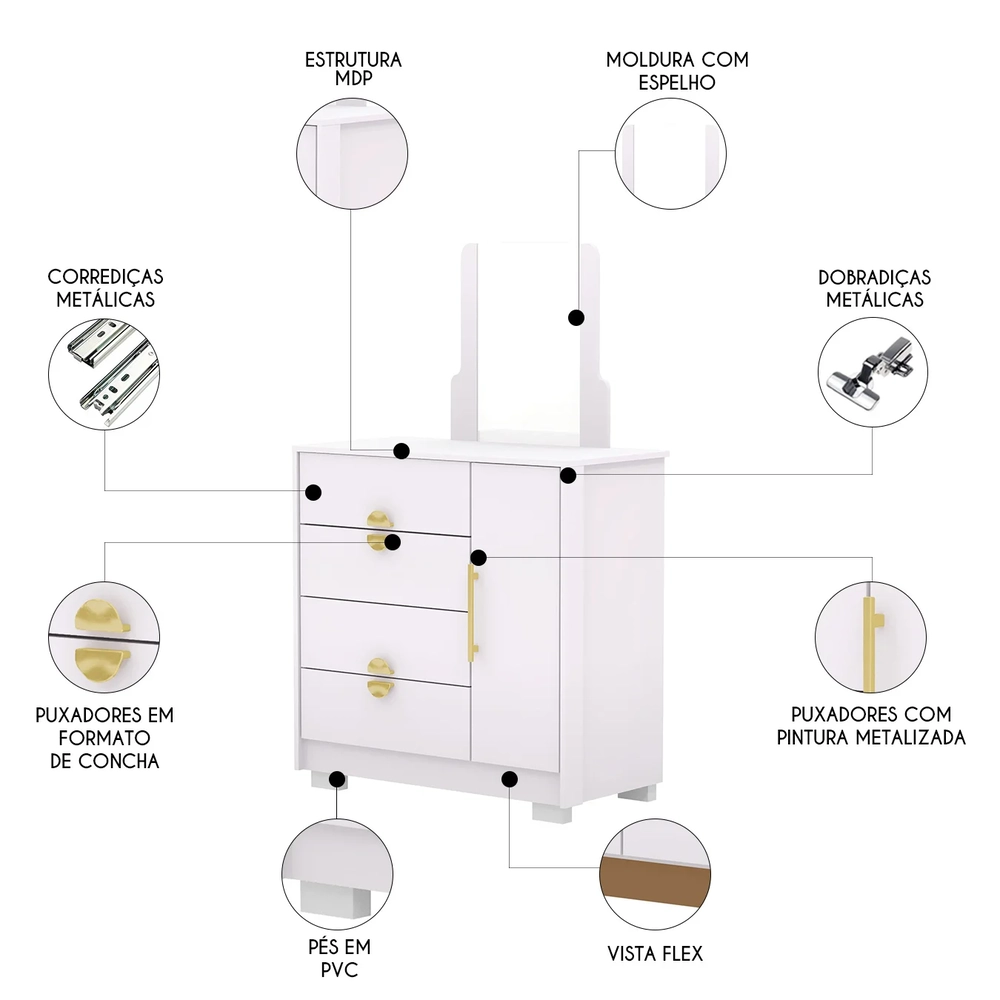 Cômoda Para Quarto 93cm Com Espelho Ilha Bela Flex Branco - Vila Rica