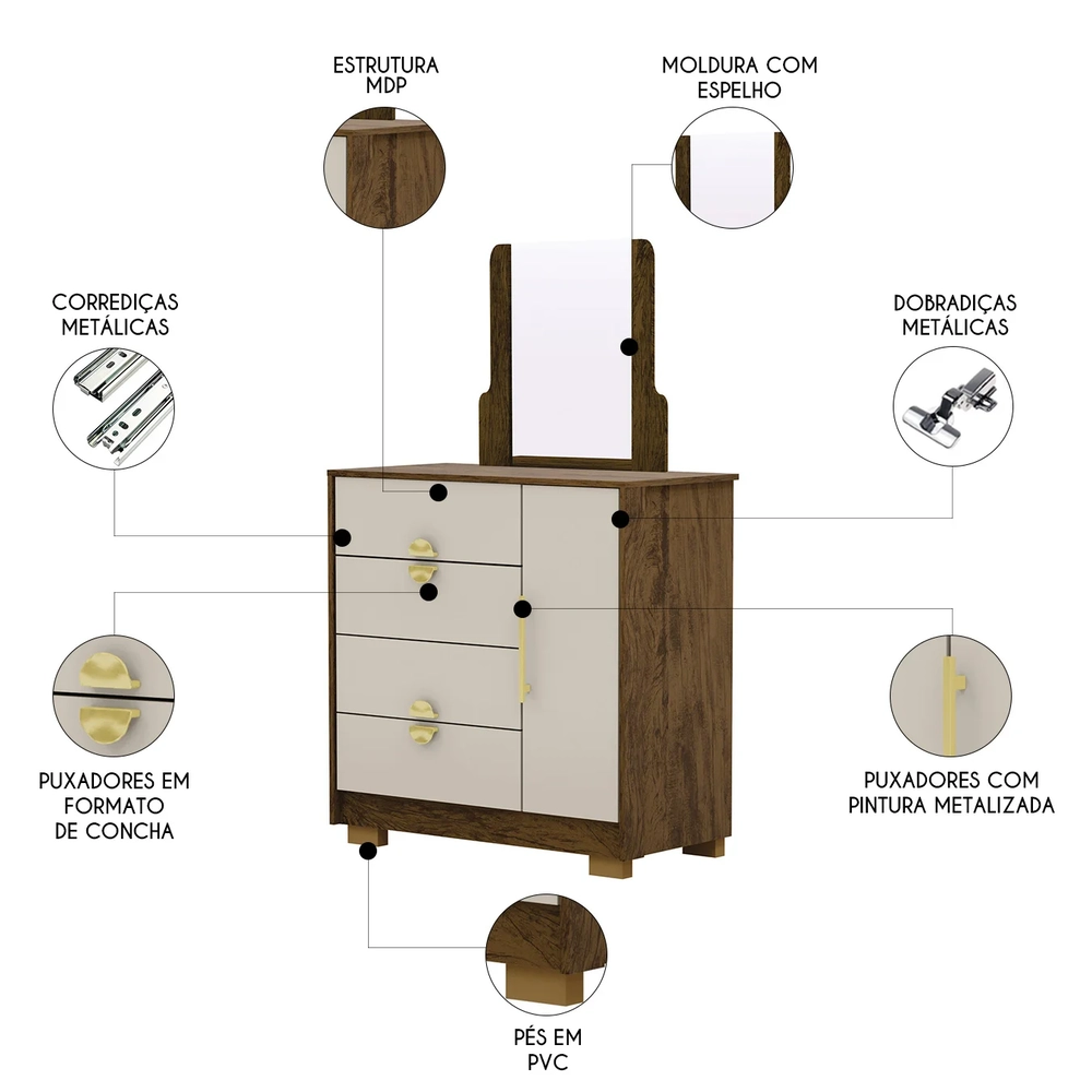 Cômoda Para Quarto 93cm Com Espelho Ilha Bela Imbuia/Fendi - Vila Rica