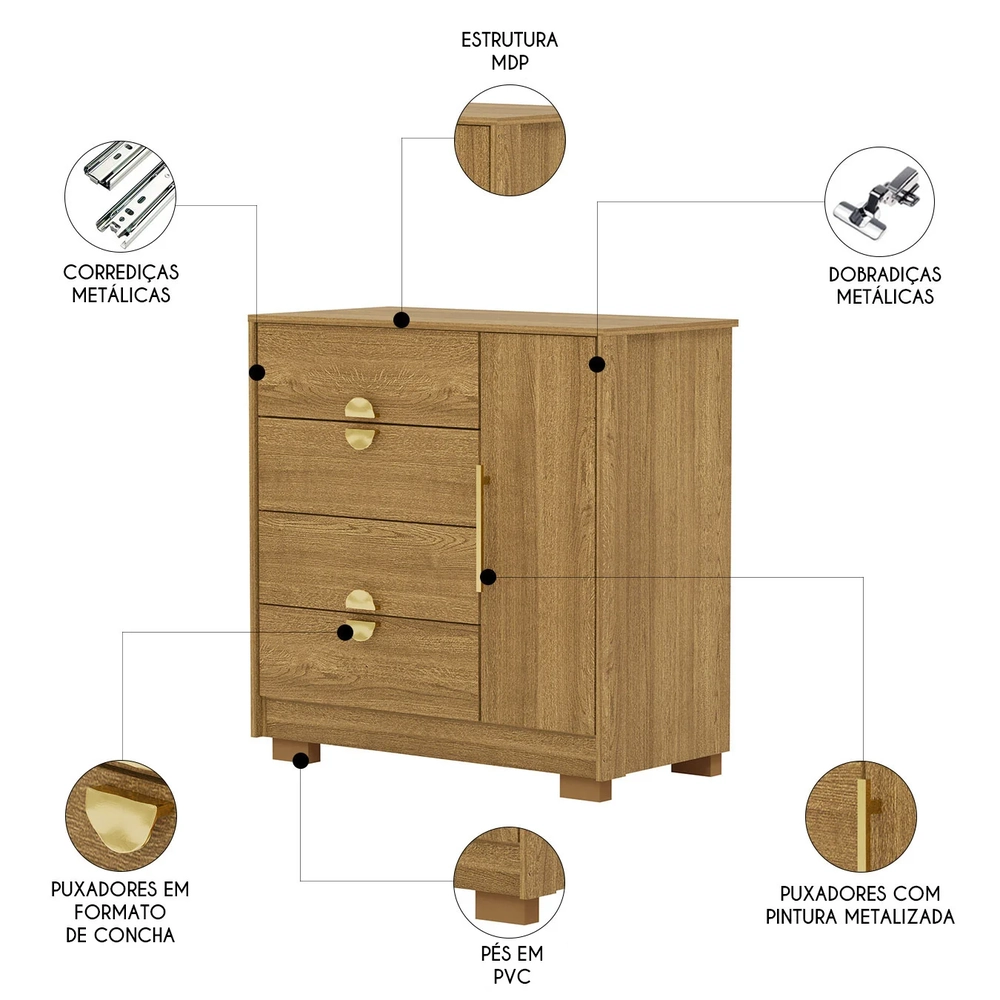 Cômoda Para Quarto 93cm Com 1 Porta Ilha Bela Nature - Vila Rica