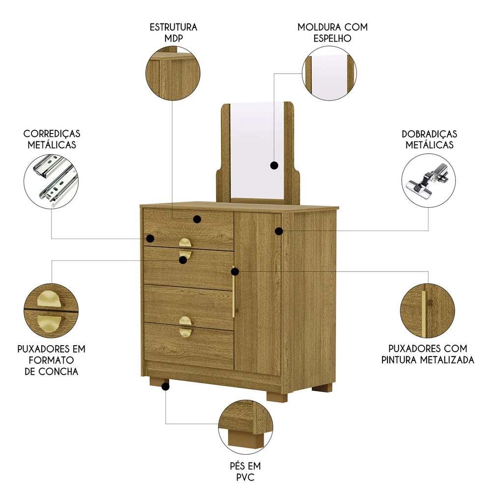 Cômoda Para Quarto 93cm Com Espelho Ilha Bela Nature - Vila Rica