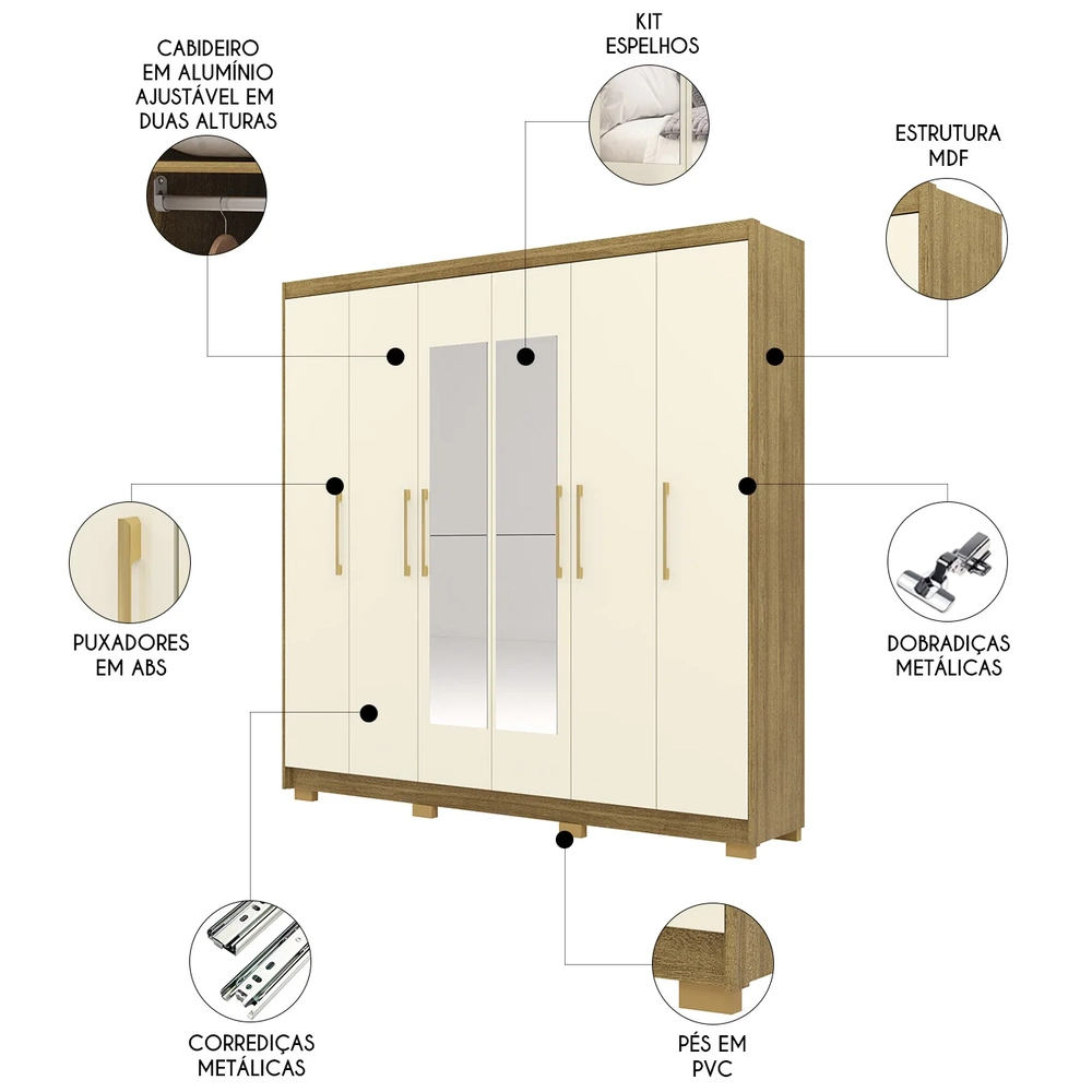 Guarda Roupa Casal 223cm Com Espelho Pernambuco Nature/Champanhe - Vila Rica