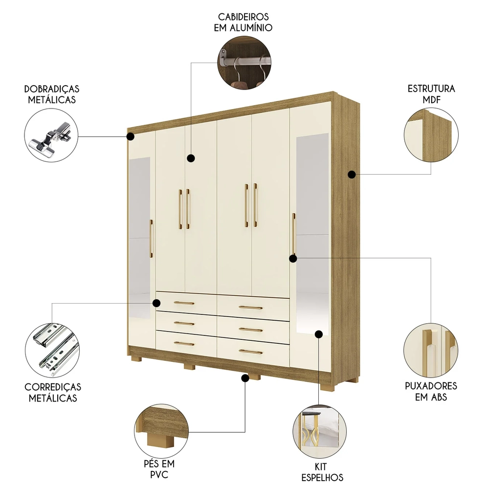 Guarda Roupa Casal 223cm Com Espelho Canadá Nature/Champanhe - Vila Rica