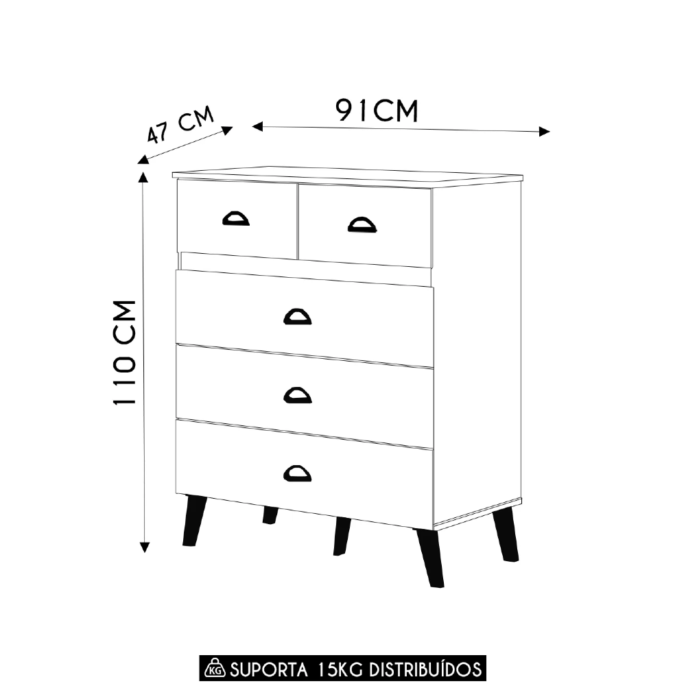 Cômoda Para Quarto 91cm 5 Gavetas Ibiza Flex Branco/Camarim - Vila Rica
