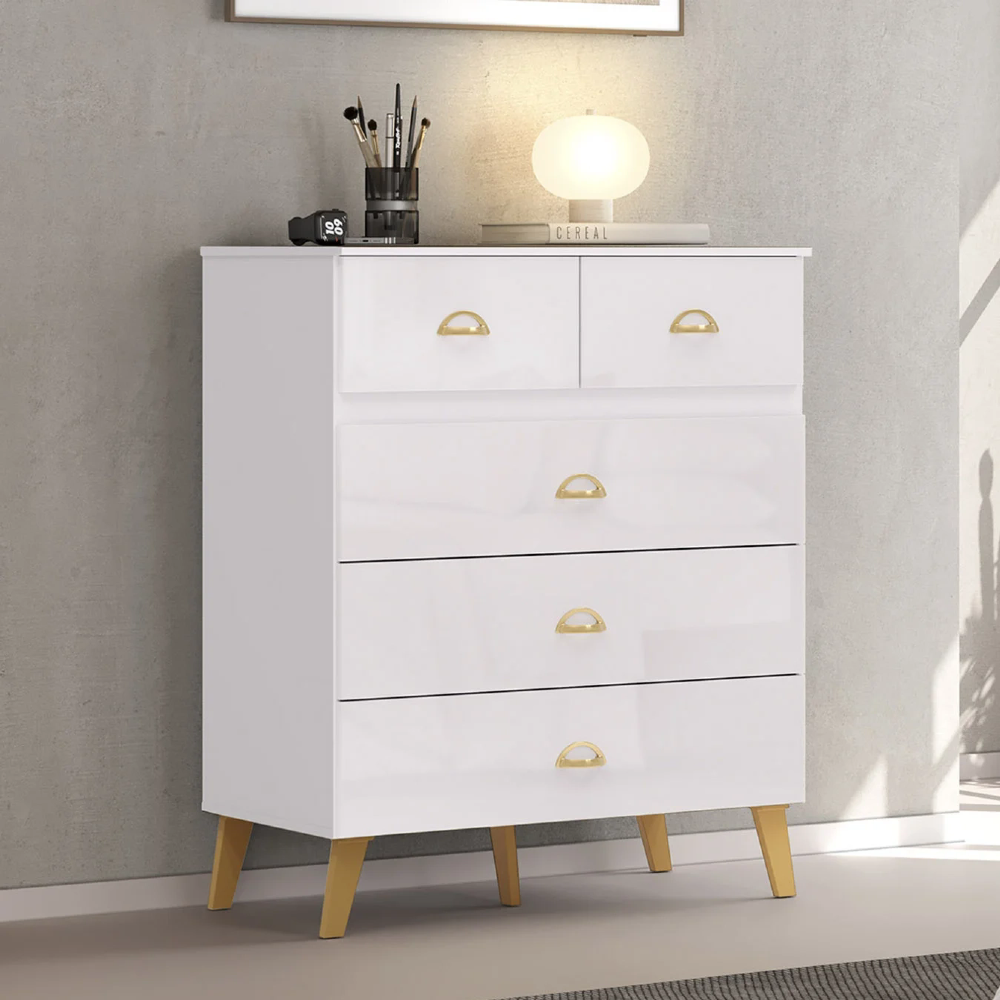 Cômoda Para Quarto 91cm 5 Gavetas Ibiza Flex Branco/Camarim - Vila Rica