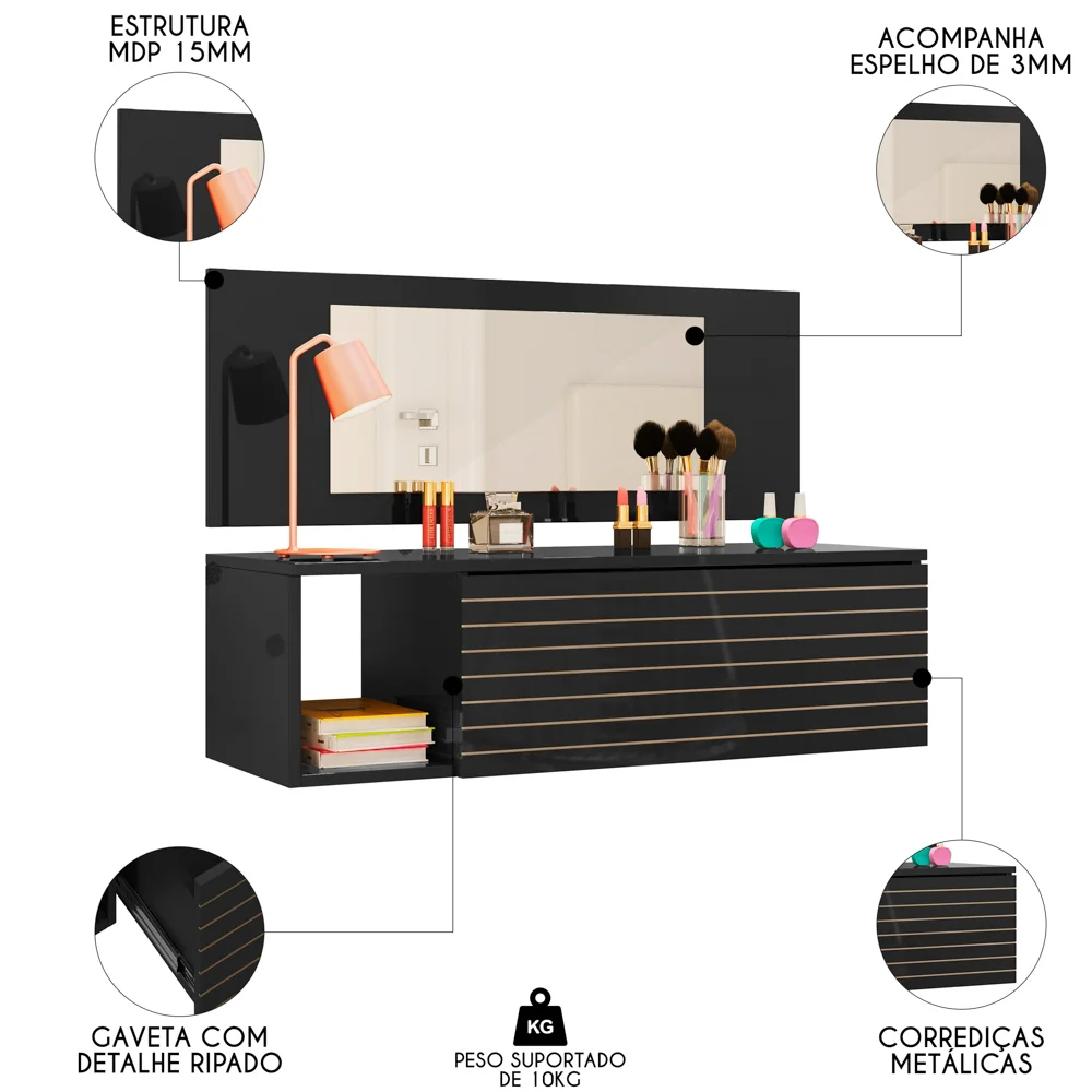 Penteadeira Suspensa com Painel e Espelho Joy Z49 Preto - Mpozenato