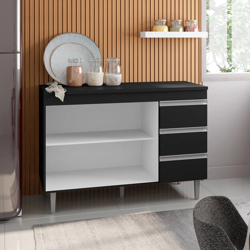 Balcão Gabinete Para Pia 120cm sem Tampo 2 Portas 3 Gavetas  Andréia Preto Total - AJL Móveis