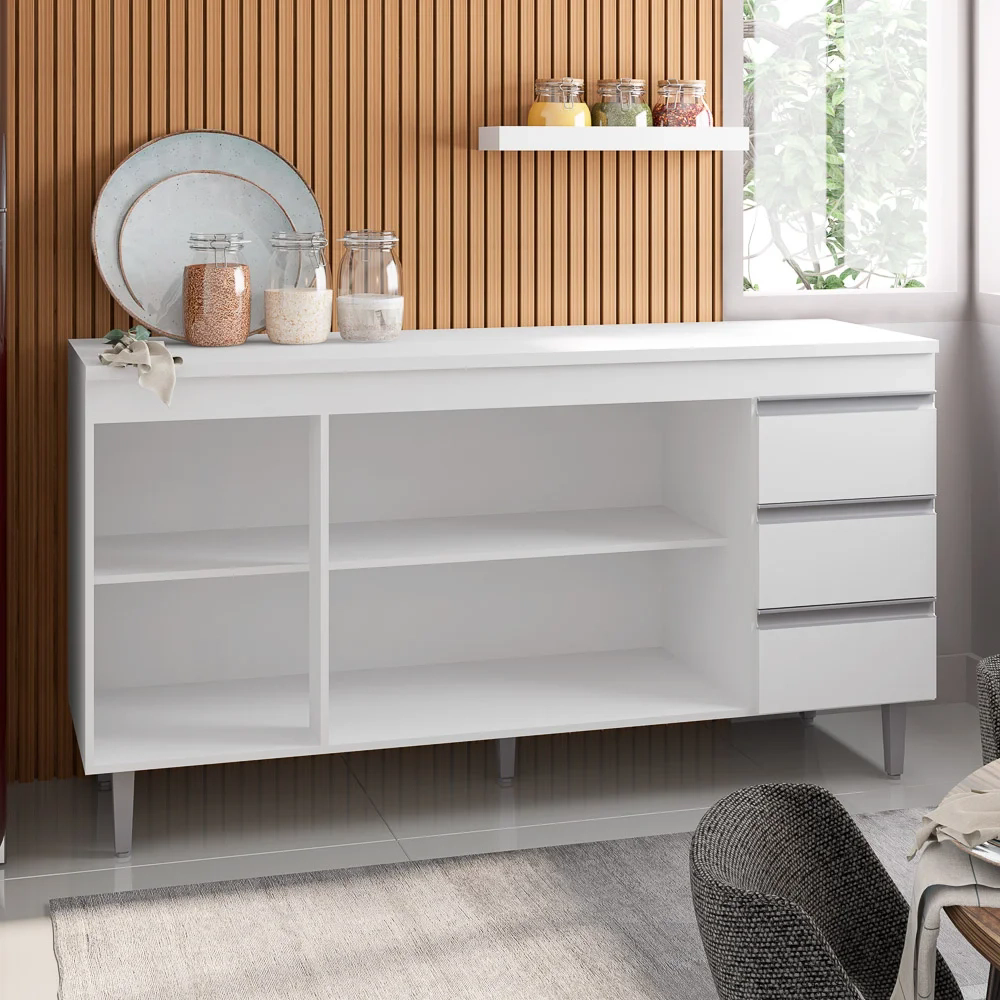 Balcão Gabinete Para Pia 160cm sem Tampo 3 Portas 3 Gavetas Andréia Branco - AJL Móveis