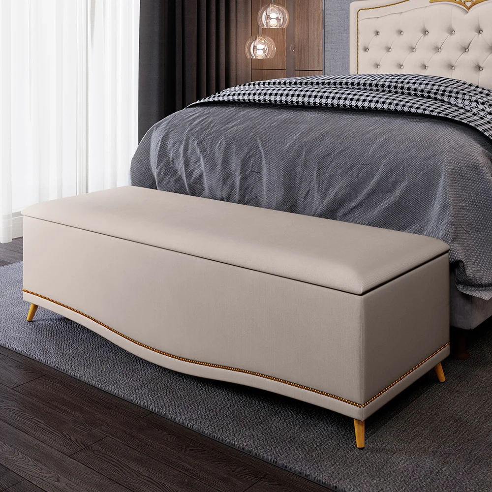 Calçadeira Baú Queen 160cm com Tachas Imperial Veludo J02 Bege - Mpozenato