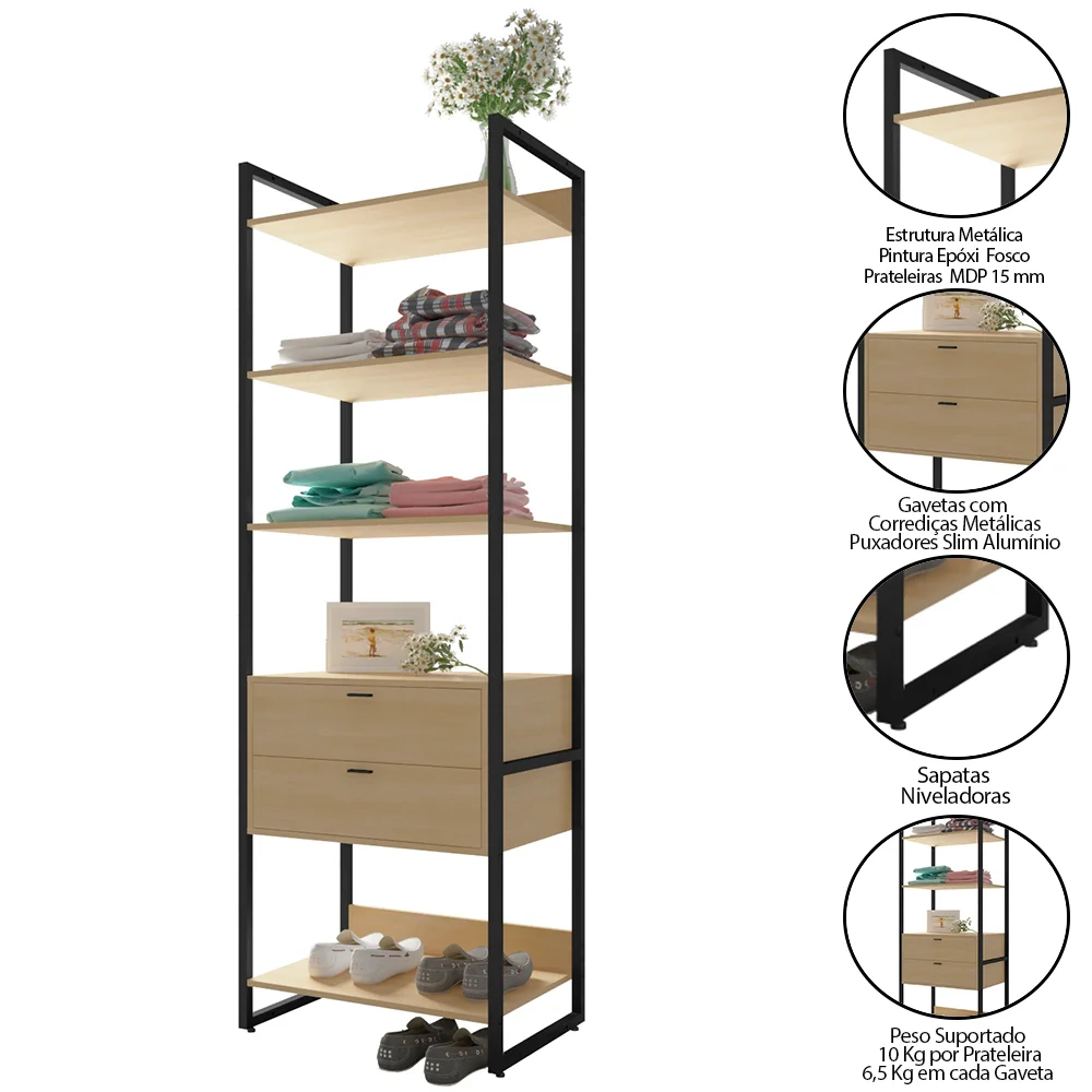 Guarda Roupa Closet 2 Gavetas Indy F02 Nature Texturizado - Mpozenato