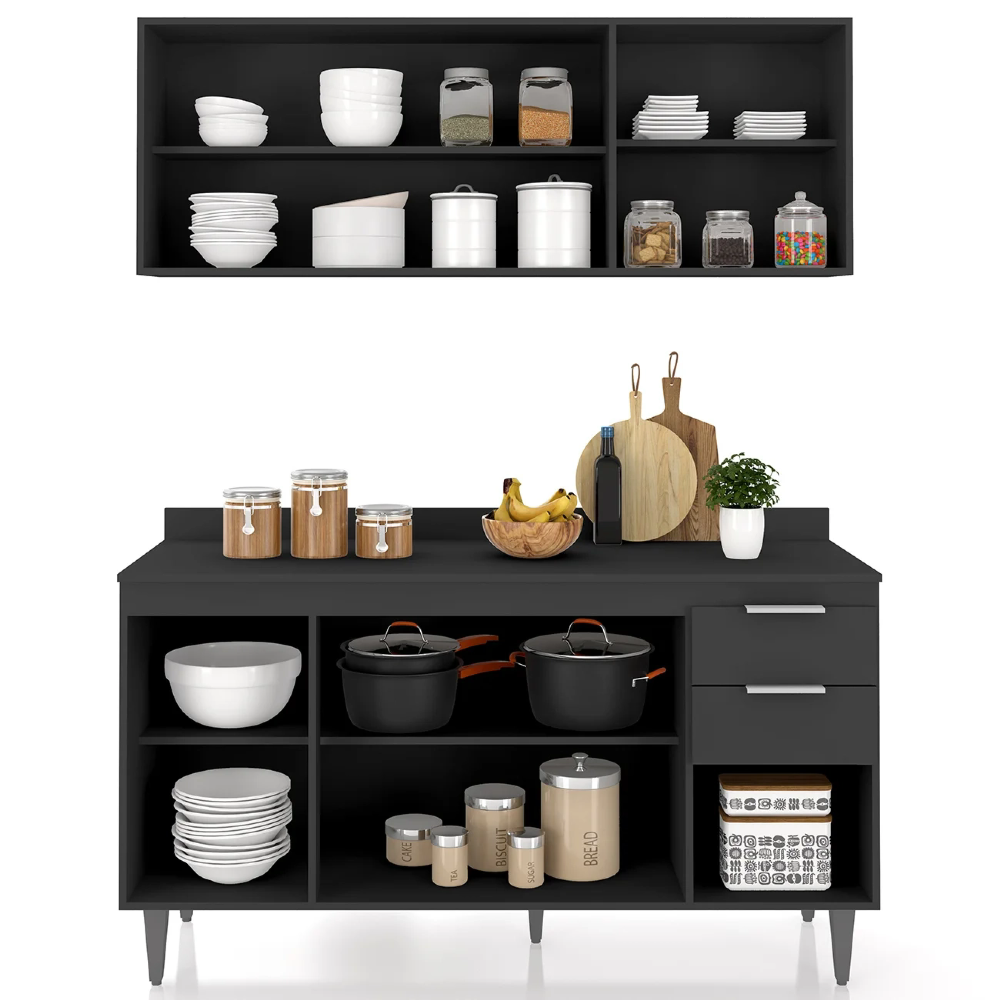 Armário de Cozinha Com Tampo CP01 150cm Pérola Preto Z34 - Mpozenato