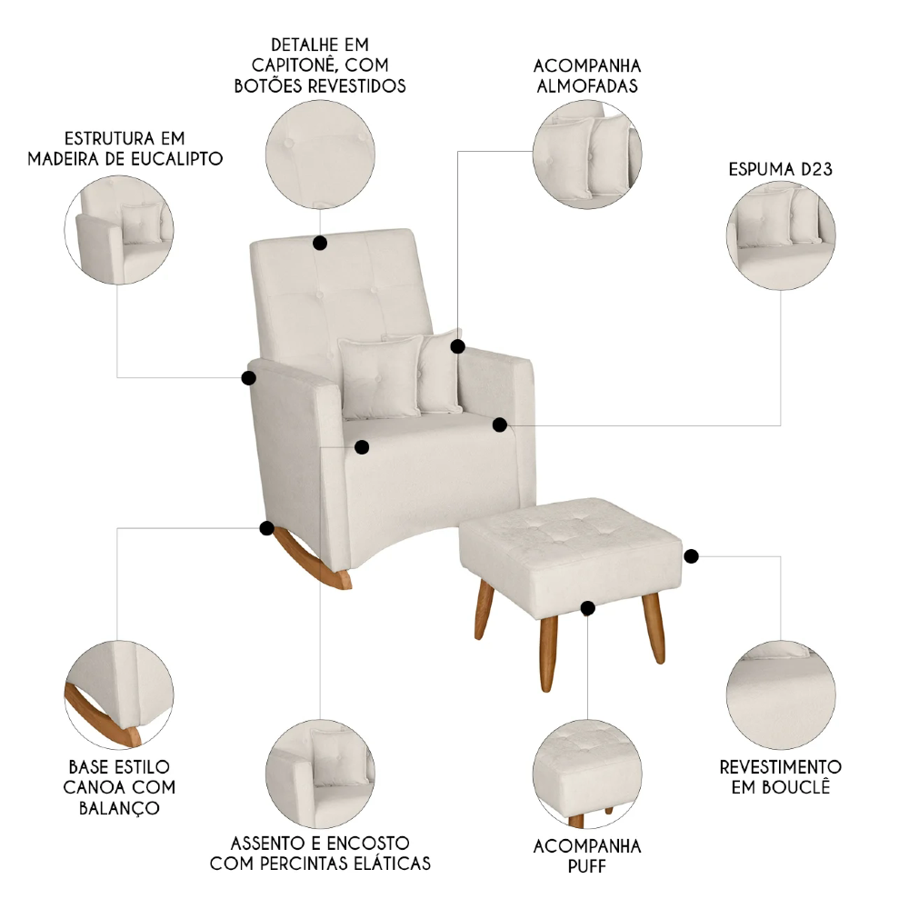 Poltrona Amamentação Base Balanço e Puff Lola Bouclê Off F03 - Mpozenato