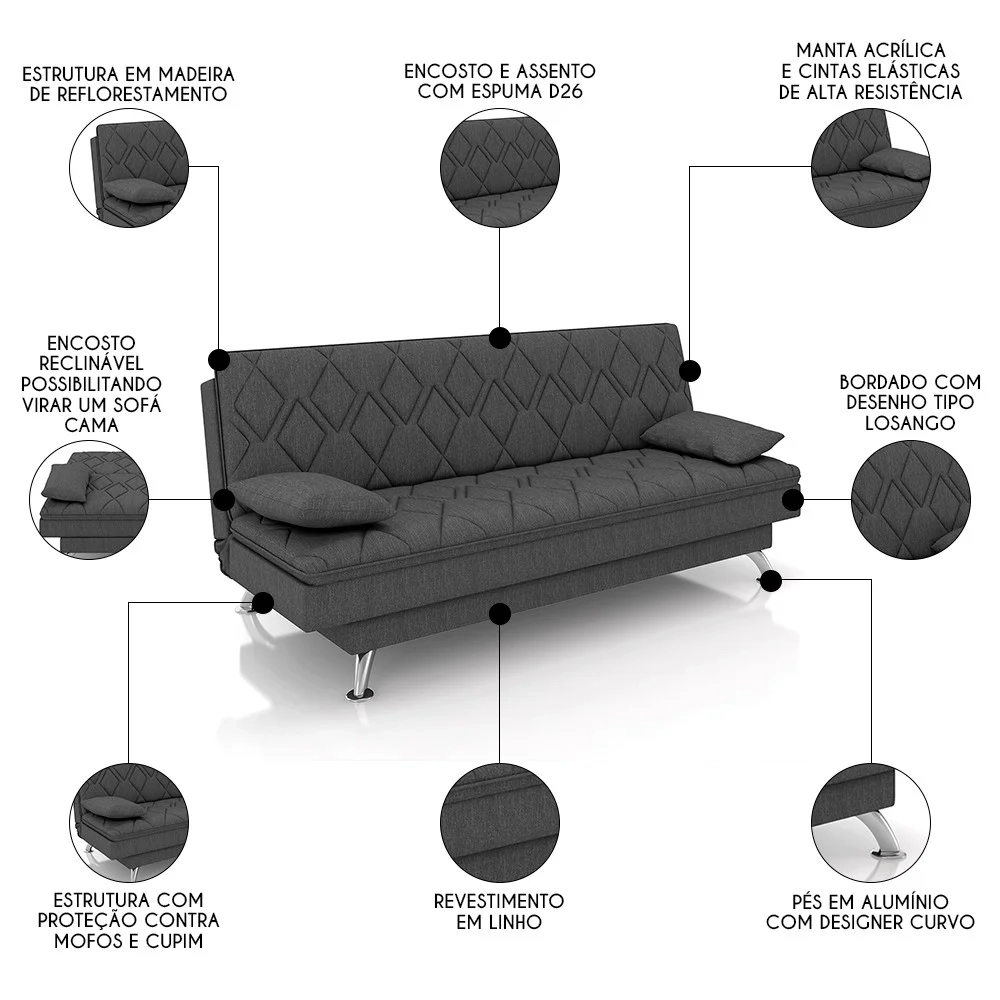 Sofá Cama para Sala de Estar Quarto 193cm Bela Z32 Linho Grafite - Mpozenato
