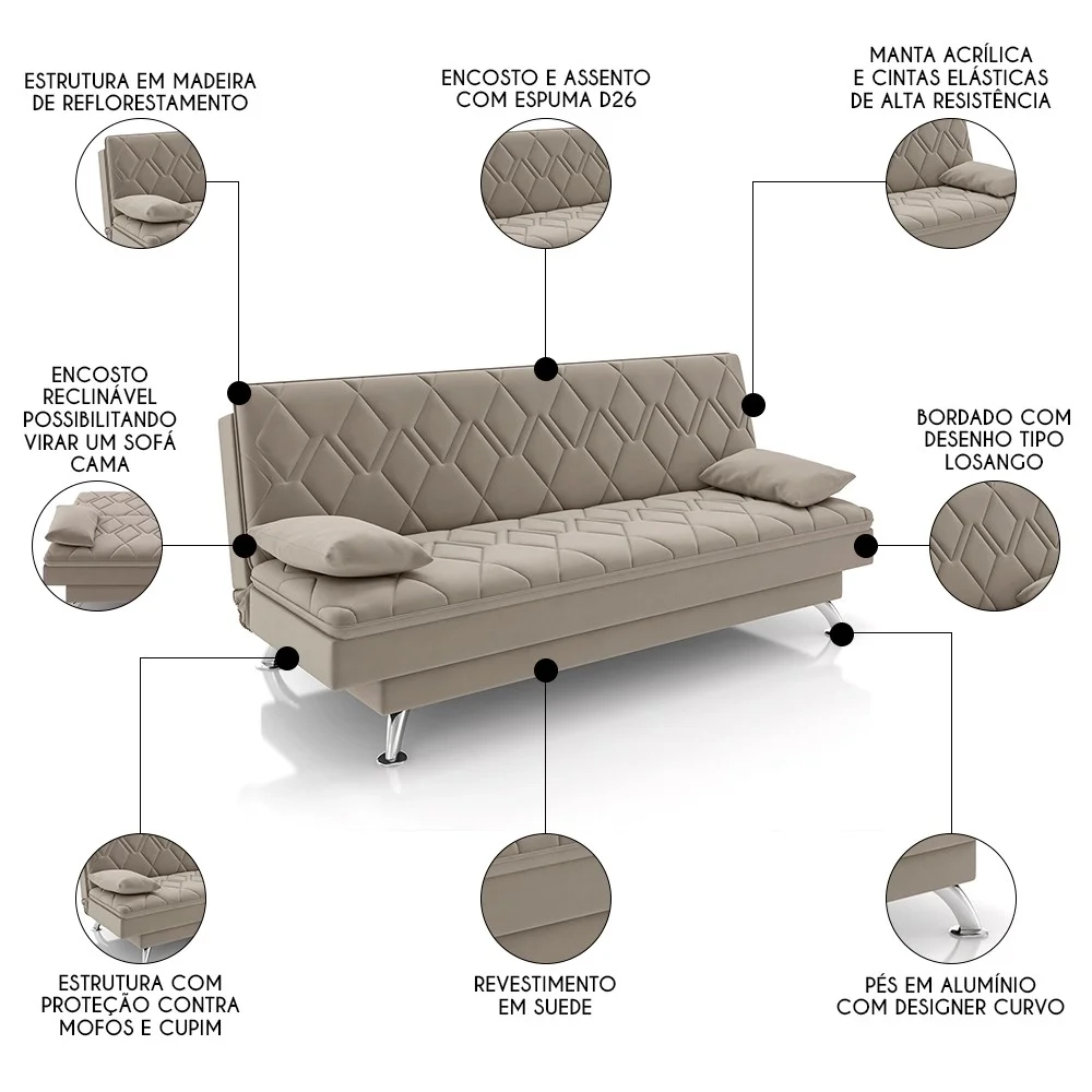 Sofá Cama para Sala de Estar Quarto 193cm Bela Z32 Suede Bege - Mpozenato