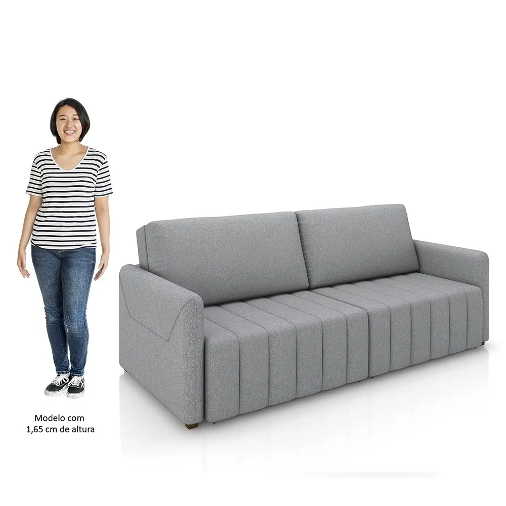 Sofá Cama Casal Retrátil 3 Lugares 220cm Atlas Z32 Linho Cinza - Mpozenato