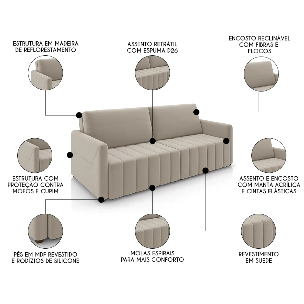 Sofá Cama Casal Retrátil 3 Lugares 220cm Atlas Z32 Suede Bege - Mpozenato
