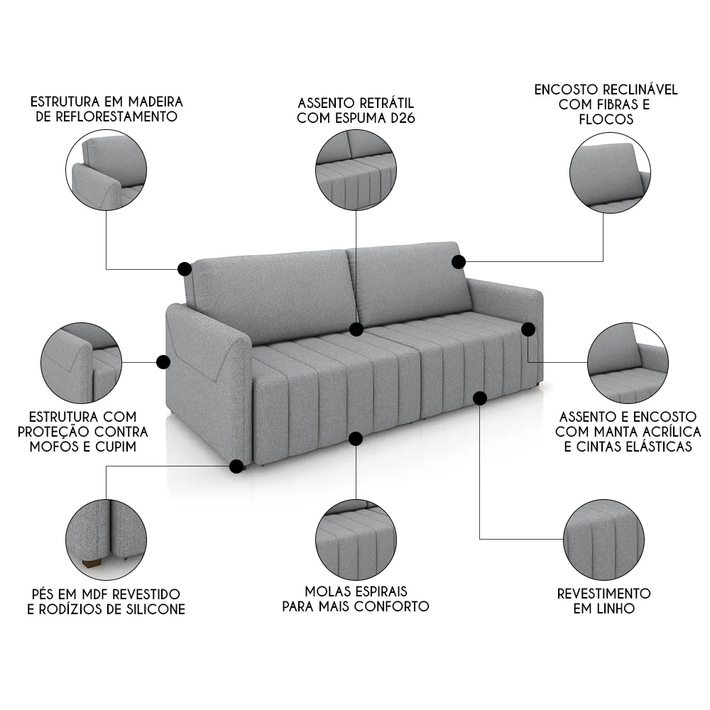 Sofá Cama Casal Retrátil 2 Lugares 192cm Atlas Z32 Linho Cinza - Mpozenato