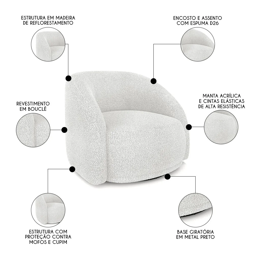 Poltrona Decorativa Orgânica Giratória Lya Z32 Boucle Branco - Mpozenato