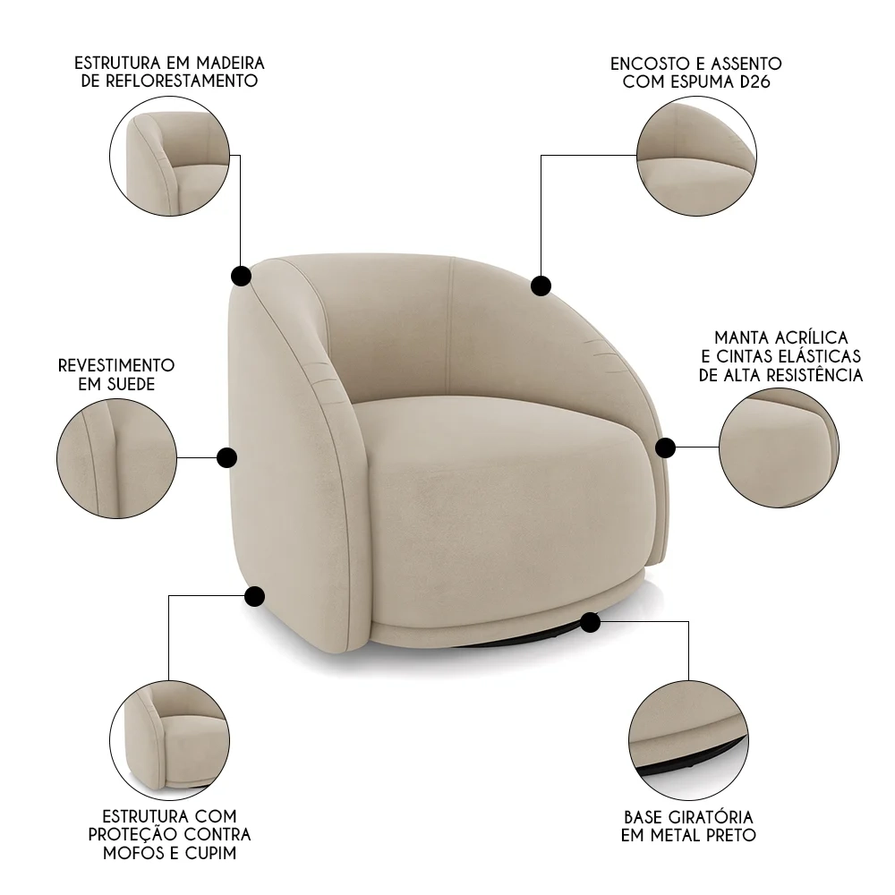 Poltrona Decorativa Orgânica Giratória Kit 2 Lya Z32 Suede Bege - Mpozenato