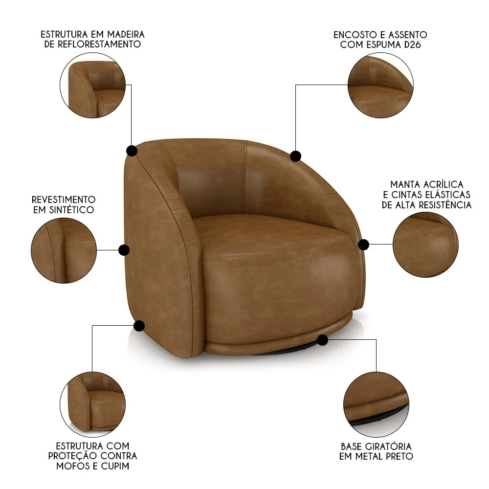 Poltrona Decorativa Orgânica Giratória Kit 2 Lya Z32 Sintético Marrom - Mpozenato