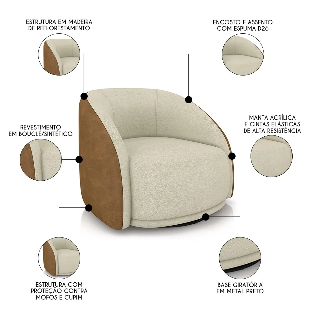 Poltrona Decorativa Giratória Kit 2 Lya Z32 Boucle Bege/Sintético Marrom - Mpozenato