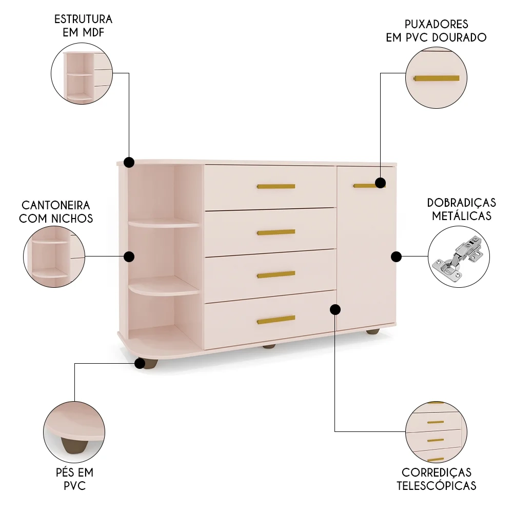 Cômoda Infantil com Cantoneira e 4 Gavetas 100% MDF New Lorena Rosê - Phoenix