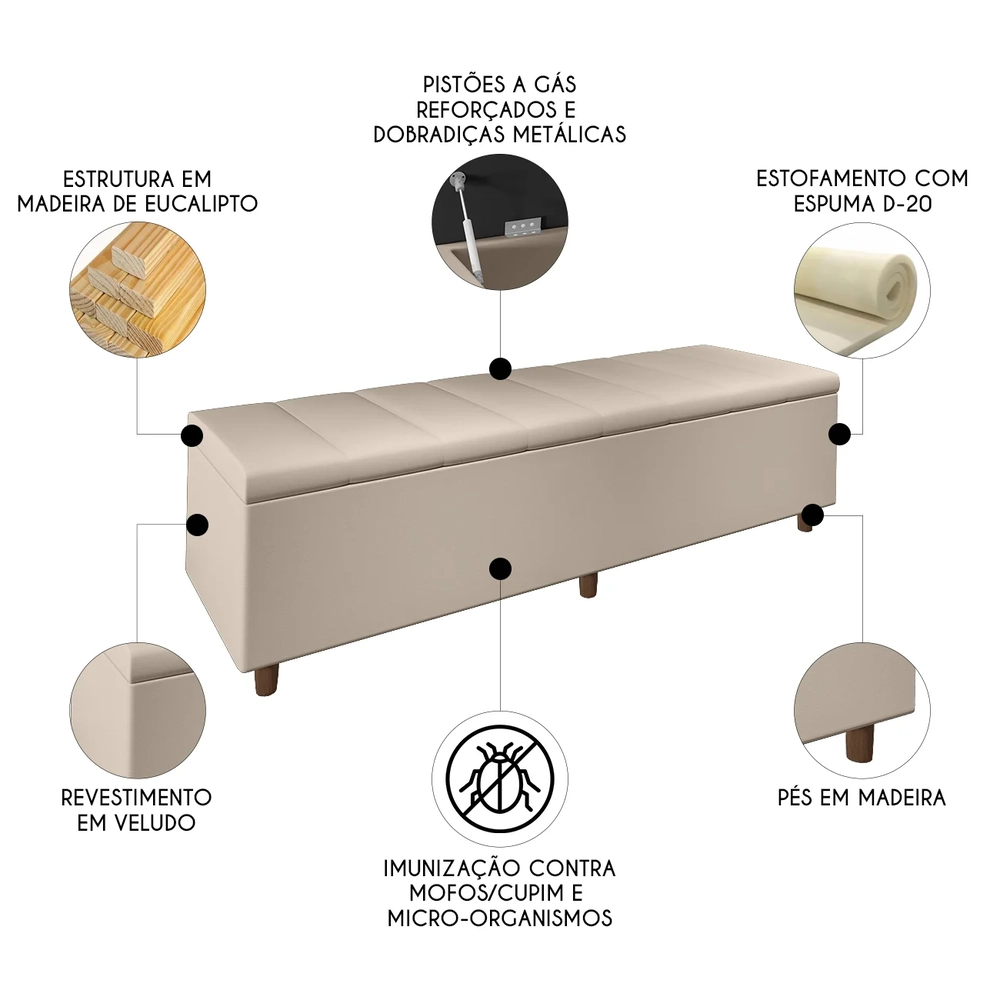 Recamier Baú Estofado Casal 140cm Horus Veludo Bege Z04 - Mpozenato