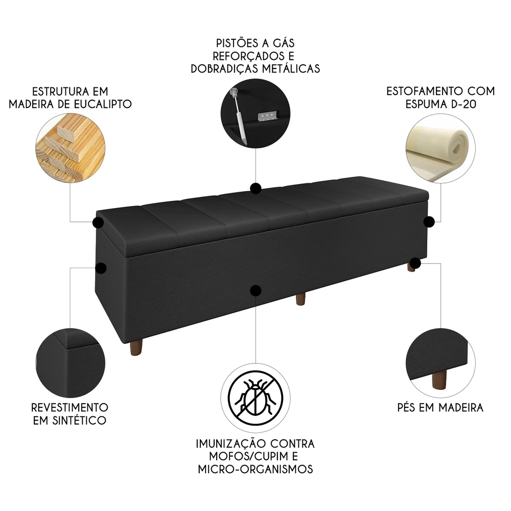 Recamier Baú Estofado Casal 140cm Horus Sintético Preto Z04 - Mpozenato 