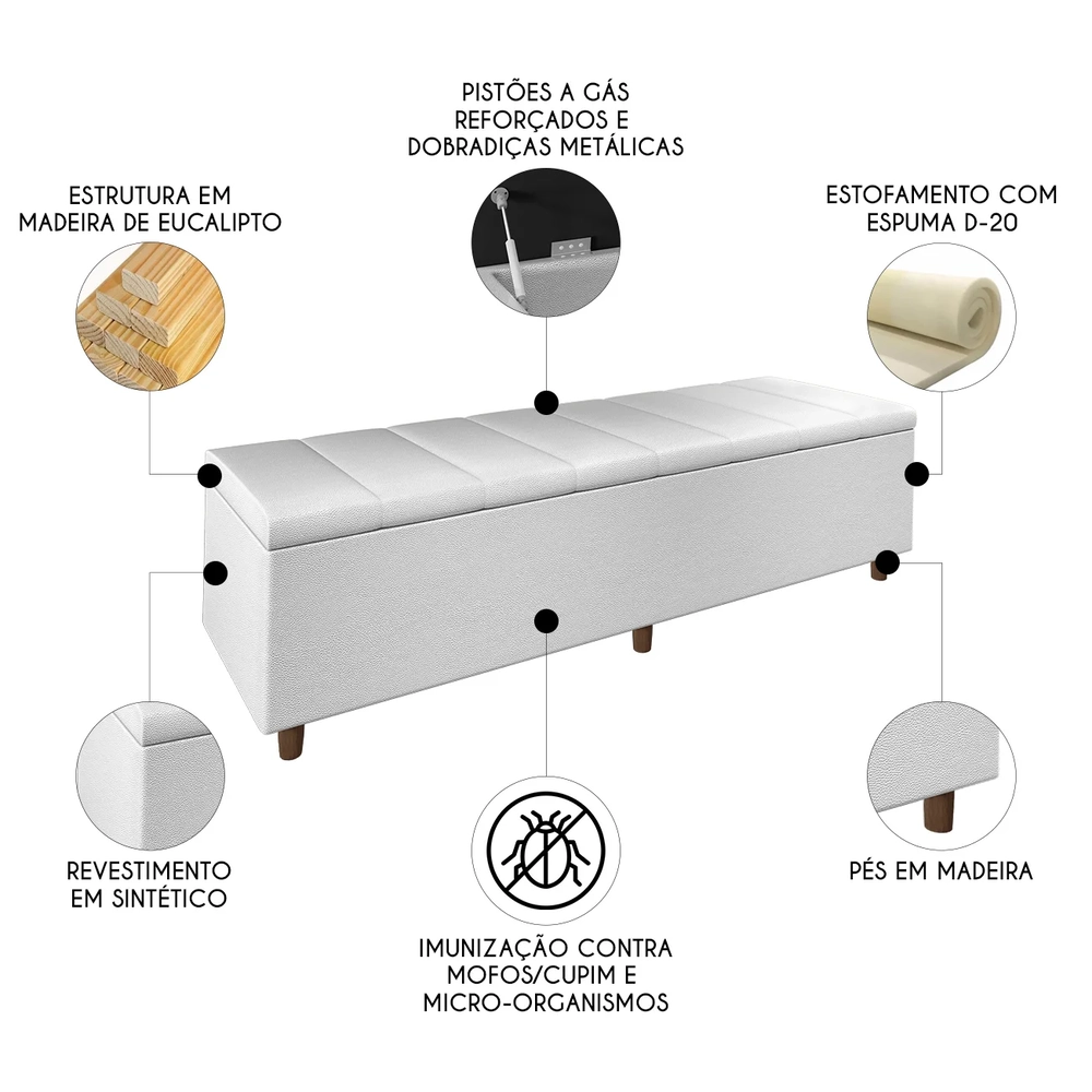 Recamier Baú Estofado Queen 160cm Horus Sintético Branco Z04 - Mpozenato 