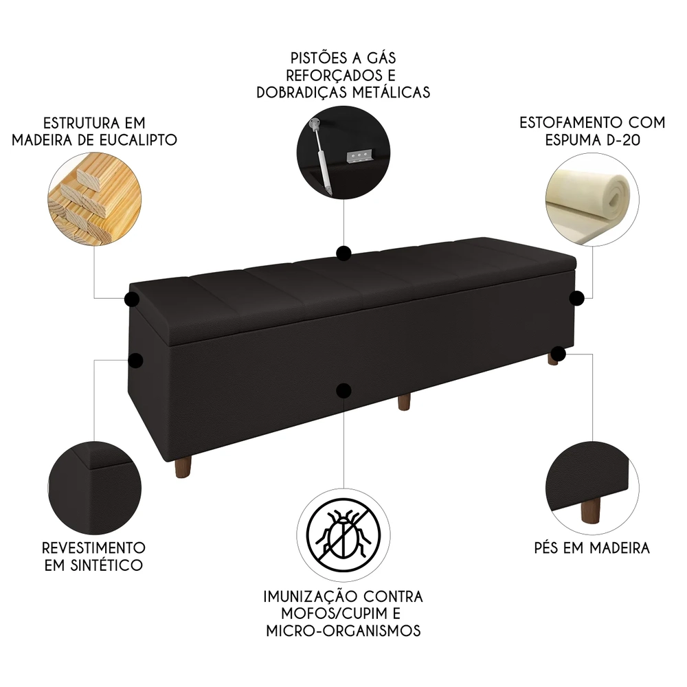 Recamier Baú Estofado Queen 160cm Horus Sintético Marrom Z04 - Mpozenato 