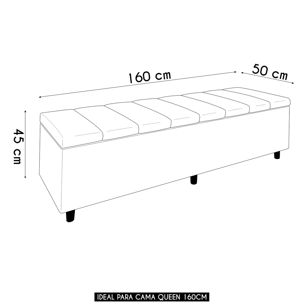 Recamier Baú Estofado Queen 160cm Horus Sintético Preto Z04 - Mpozenato 
