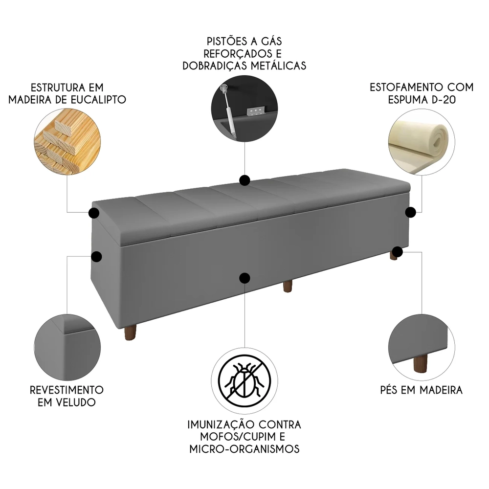 Recamier Baú Estofado King 193cm Horus Veludo Cinza Z04 - Mpozenato