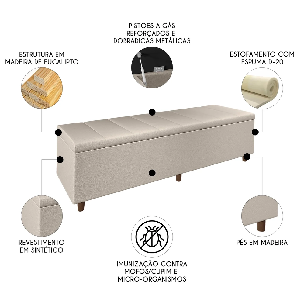 Recamier Baú Estofado King 193cm Horus Sintético Bege Z04 - Mpozenato