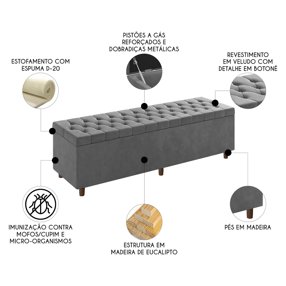 Recamier Baú Estofado Casal 140cm Indra Veludo Cinza Z04 - Mpozenato