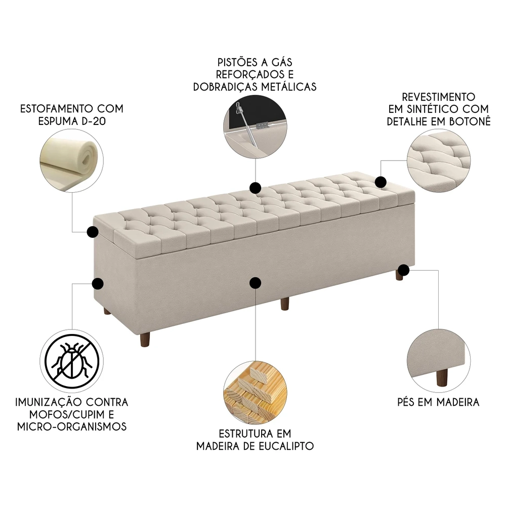 Recamier Baú Estofado Casal 140cm Indra Sintético Bege Z04 - Mpozenato