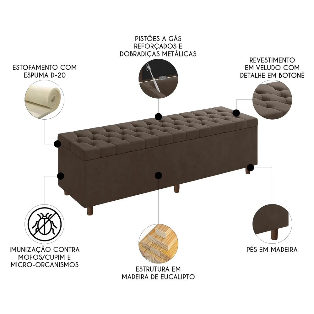 Recamier Baú Estofado Queen 160cm Indra Veludo Marrom Z04 - Mpozenato 