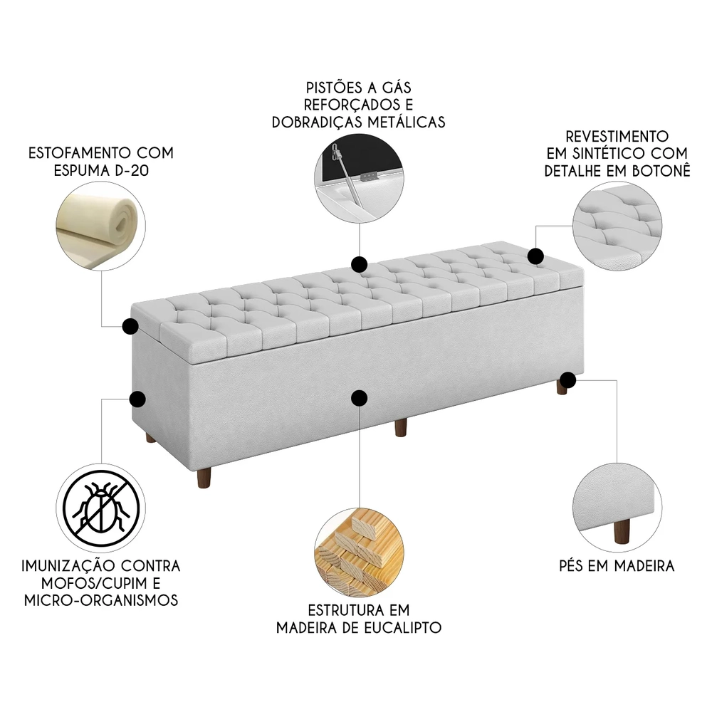 Recamier Baú Estofado Queen 160cm Indra Sintético Branco Z04 - Mpozenato 