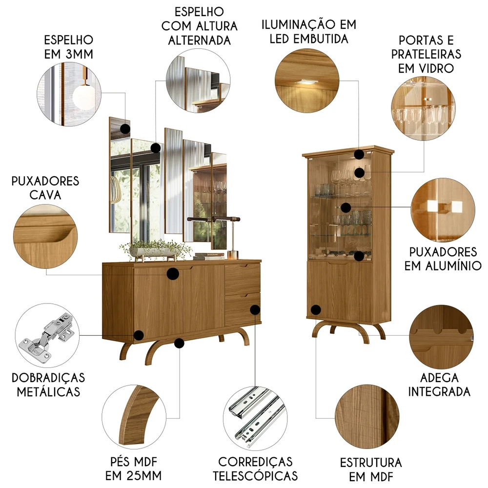 Buffet Aparador Com Cristaleira e Espelho Vinci Ypê N02     - Mpozenato