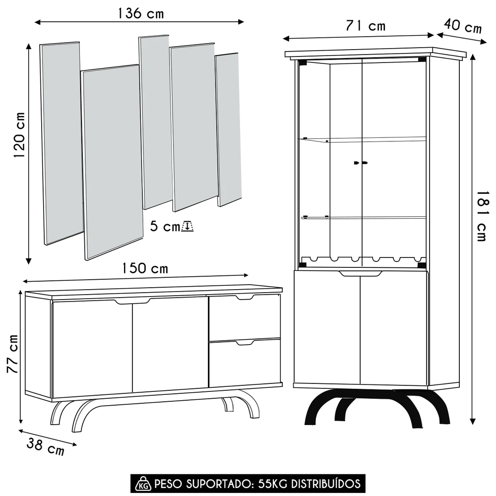 Buffet Aparador Com Cristaleira e Espelho Vinci Ypê N02     - Mpozenato