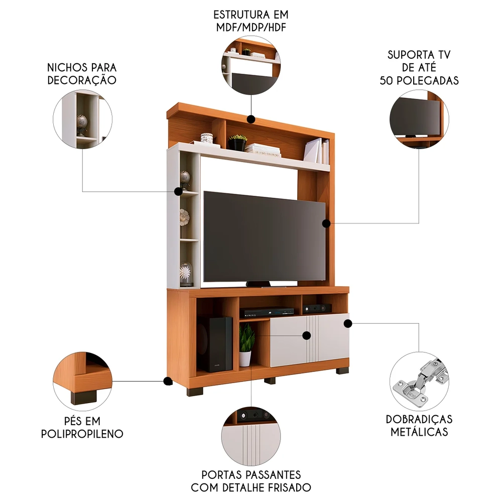 Estante Painel TV 50 Pol 136cm Zani Freijó/Off White C05    - Mpozenato