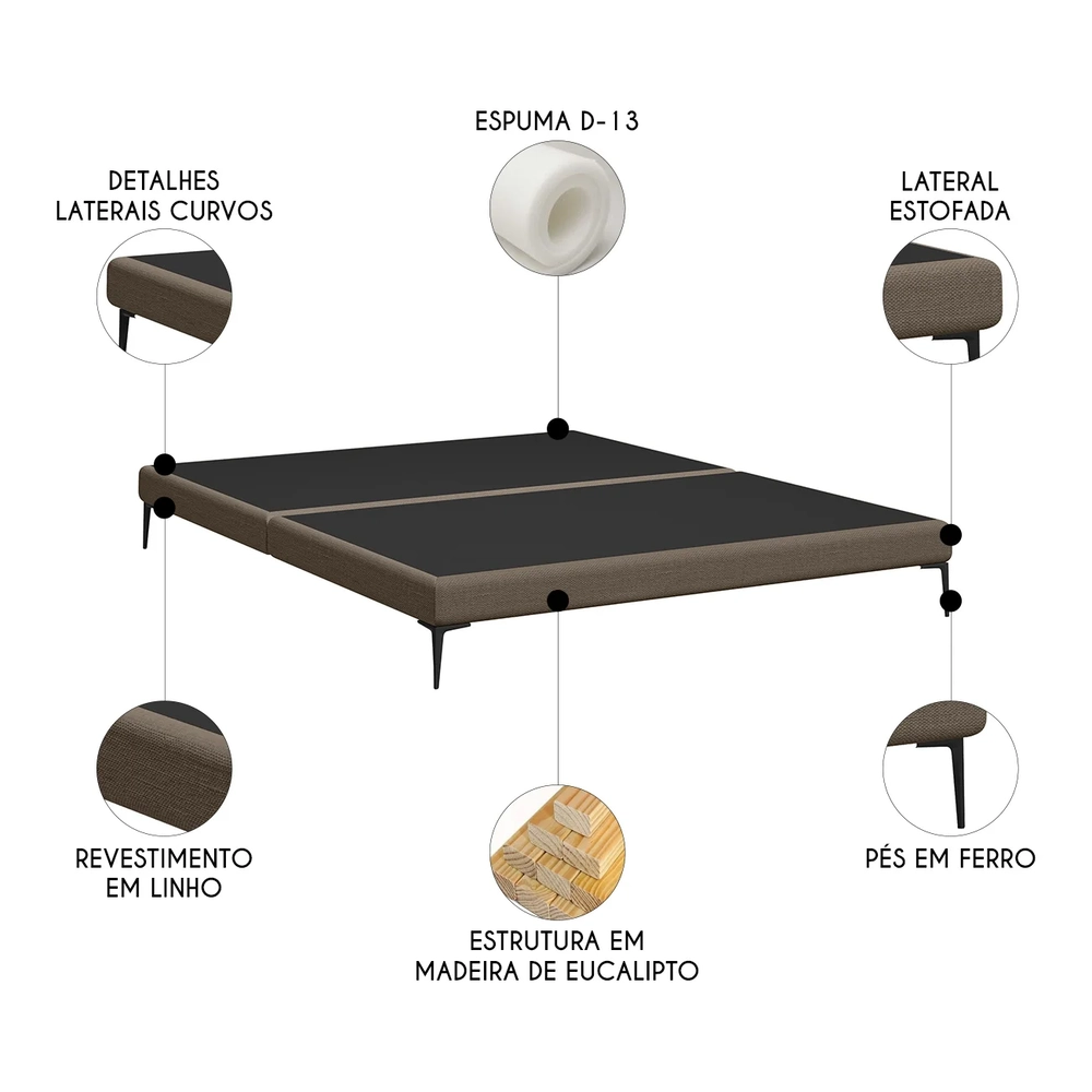 Cama Queen Base Box 158cm Pés Ferro Susano Linho Marrom Z04 - Mpozenato