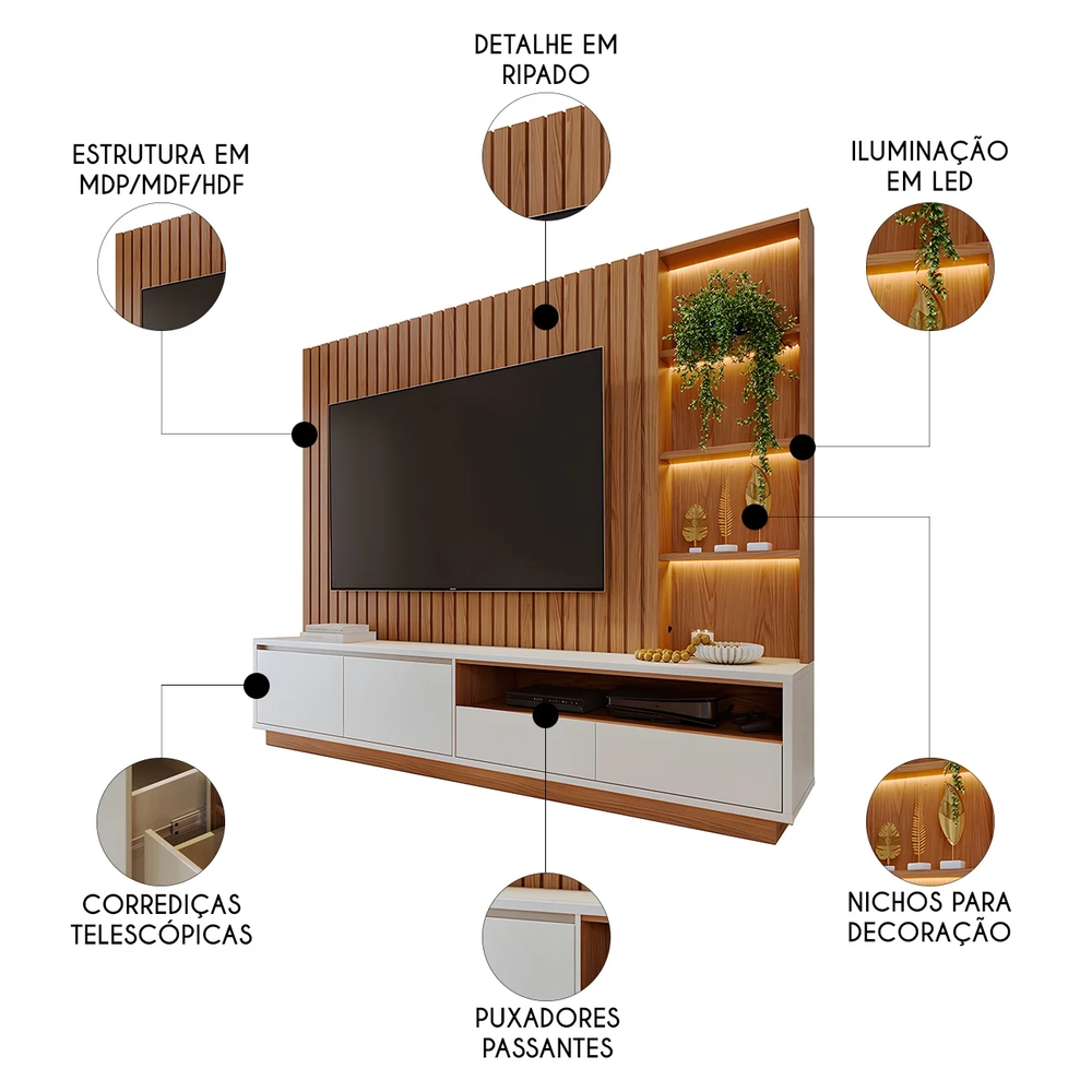 Estante Painel TV 82 Pol 240cm Com LED Hawai Freijó/Off White C05 - Mpozenato