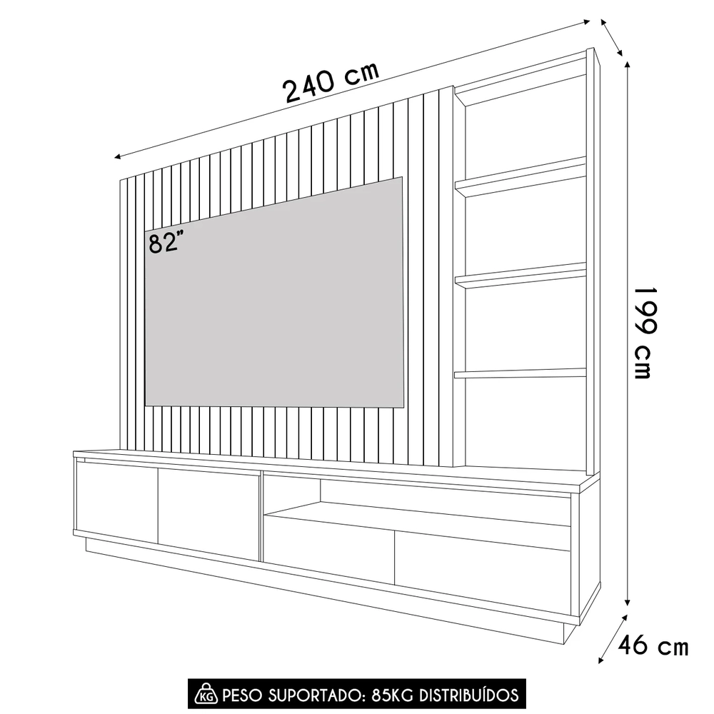 Estante Painel TV 82 Pol 240cm Com LED Hawai Freijó/Off White C05 - Mpozenato