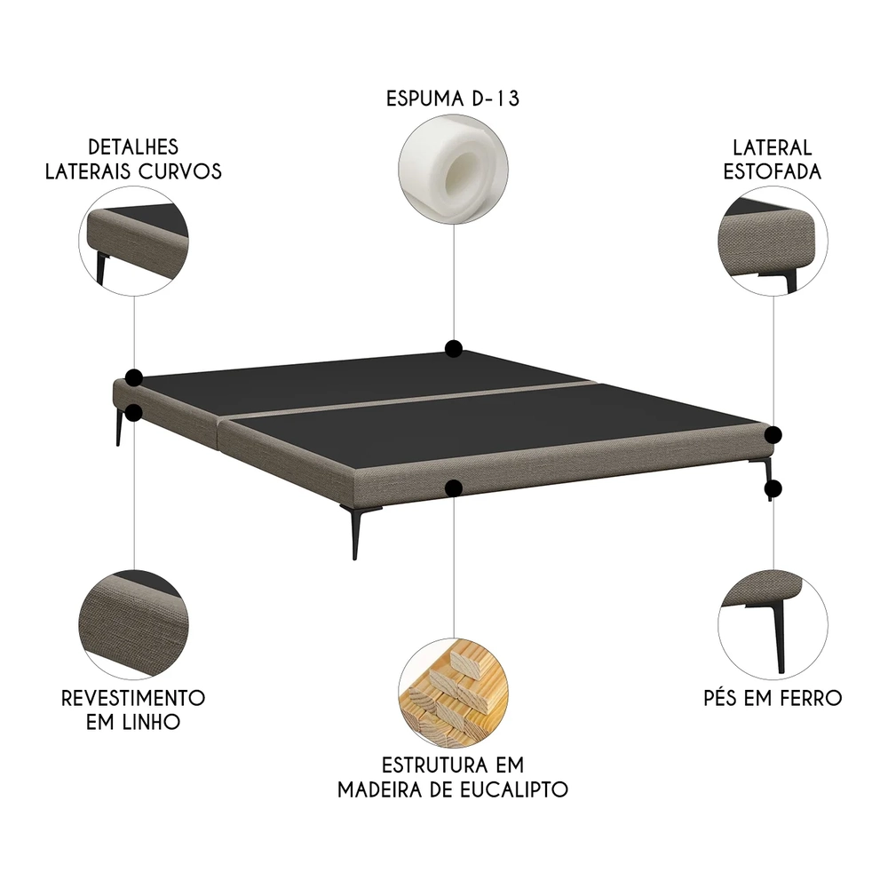 Cama Queen Base Box 158cm Pés Ferro Susano Linho Mescla Z04 - Mpozenato