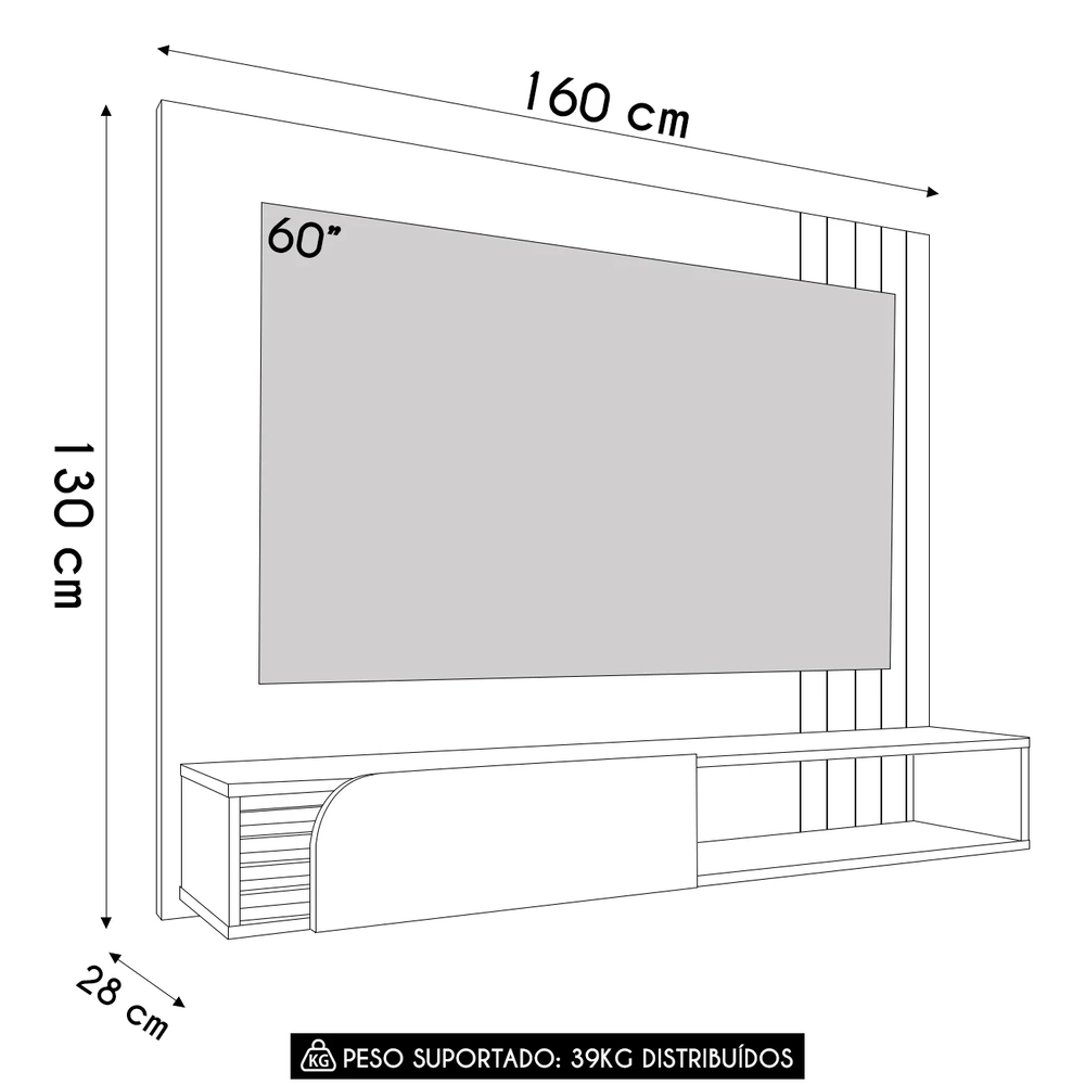 Painel TV 60 Pol e Bancada Suspensa Madrid Off White/Freijó C05 - Mpozenato