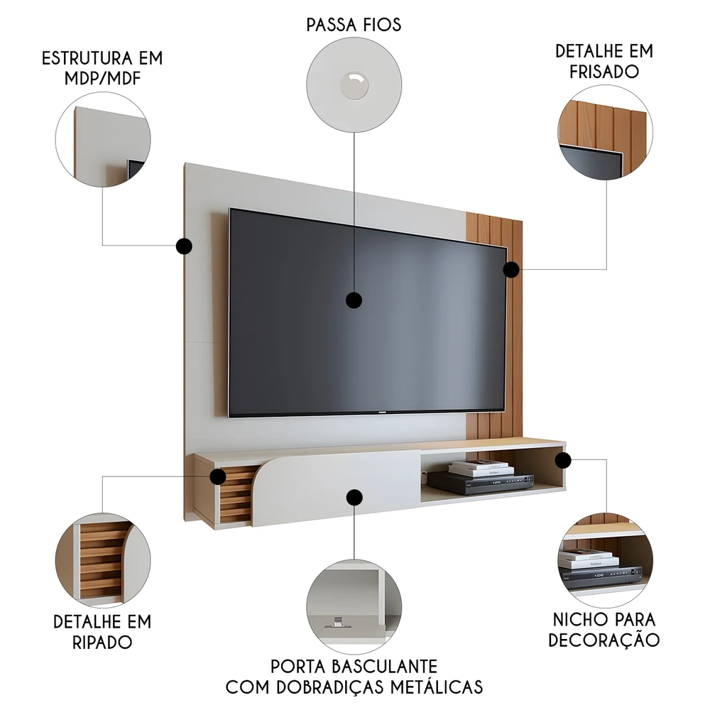 Painel TV 60 Pol e Bancada Suspensa Madrid Off White/Freijó C05 - Mpozenato