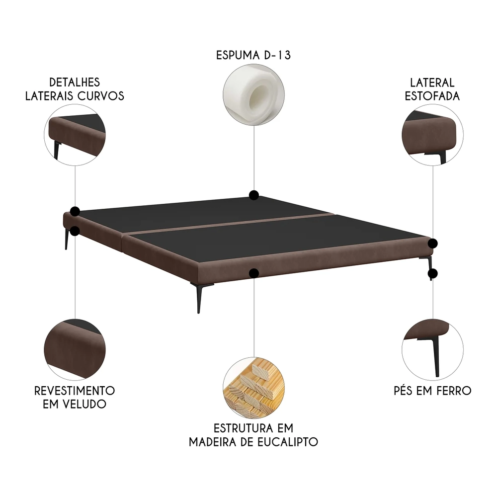 Cama Queen Base Box 158cm Pés Ferro Susano Veludo Marrom Z04 - Mpozenato