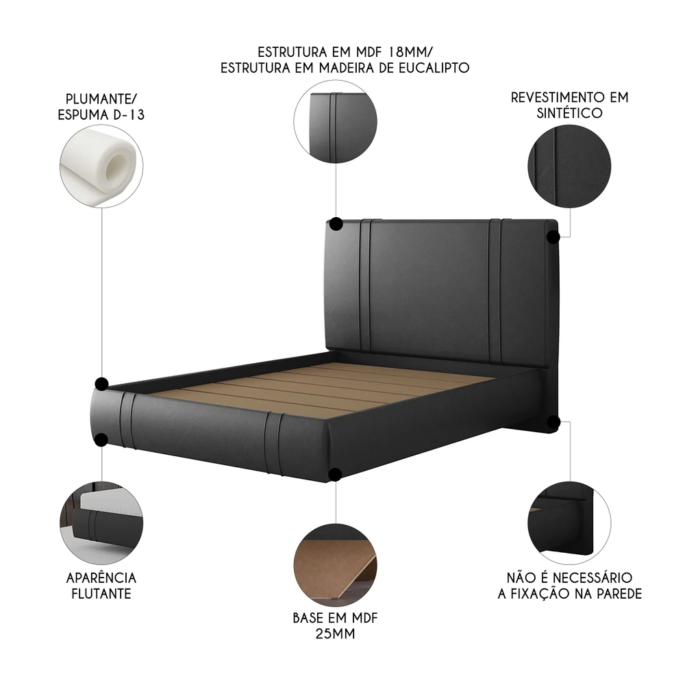 Cama Casal Flutuante Com Cabeceira 140cm Lyra Sintético Preto S05 - Mpozenato