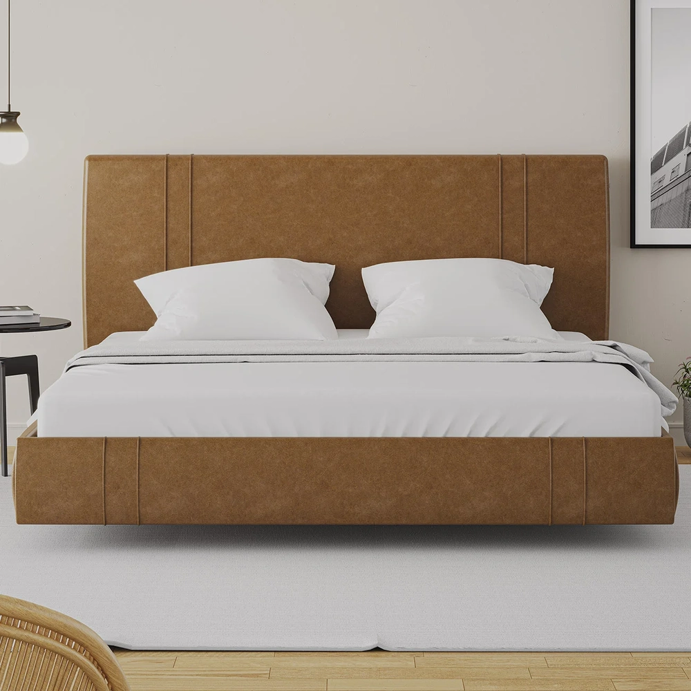 Cama King Flutuante Com Cabeceira 195cm Lyra Sintético Camel S05 - Mpozenato