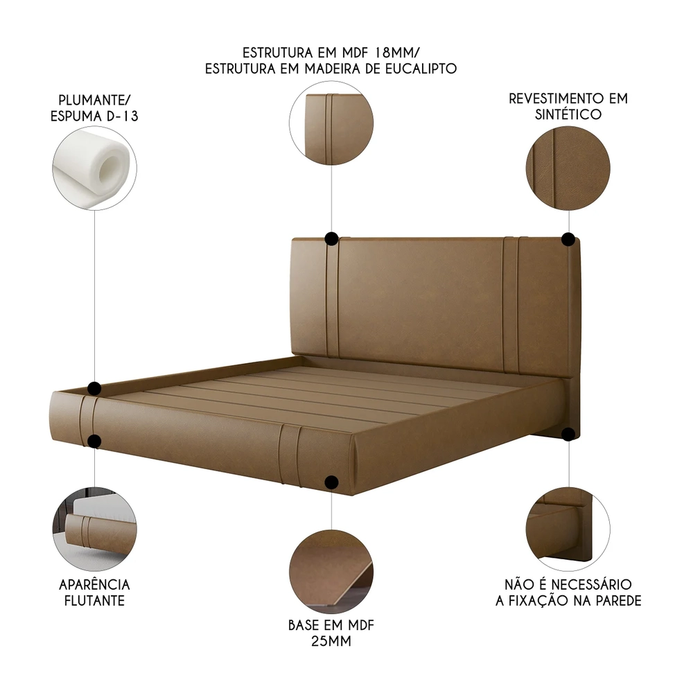 Cama King Flutuante Com Cabeceira 195cm Lyra Sintético Camel S05 - Mpozenato