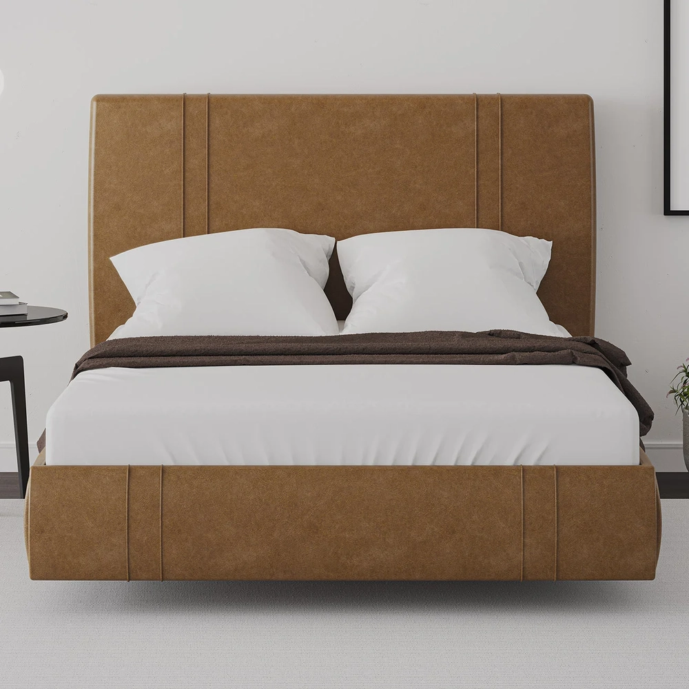 Cama Casal Flutuante Com Cabeceira 140cm Lyra Sintético Camel S05 - Mpozenato